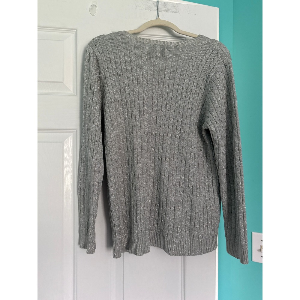 Lauren Ralph Lauren Silver Metallic Silk Blend Cable Knit V-Neck Sweater 2X - Picture 3 of 3